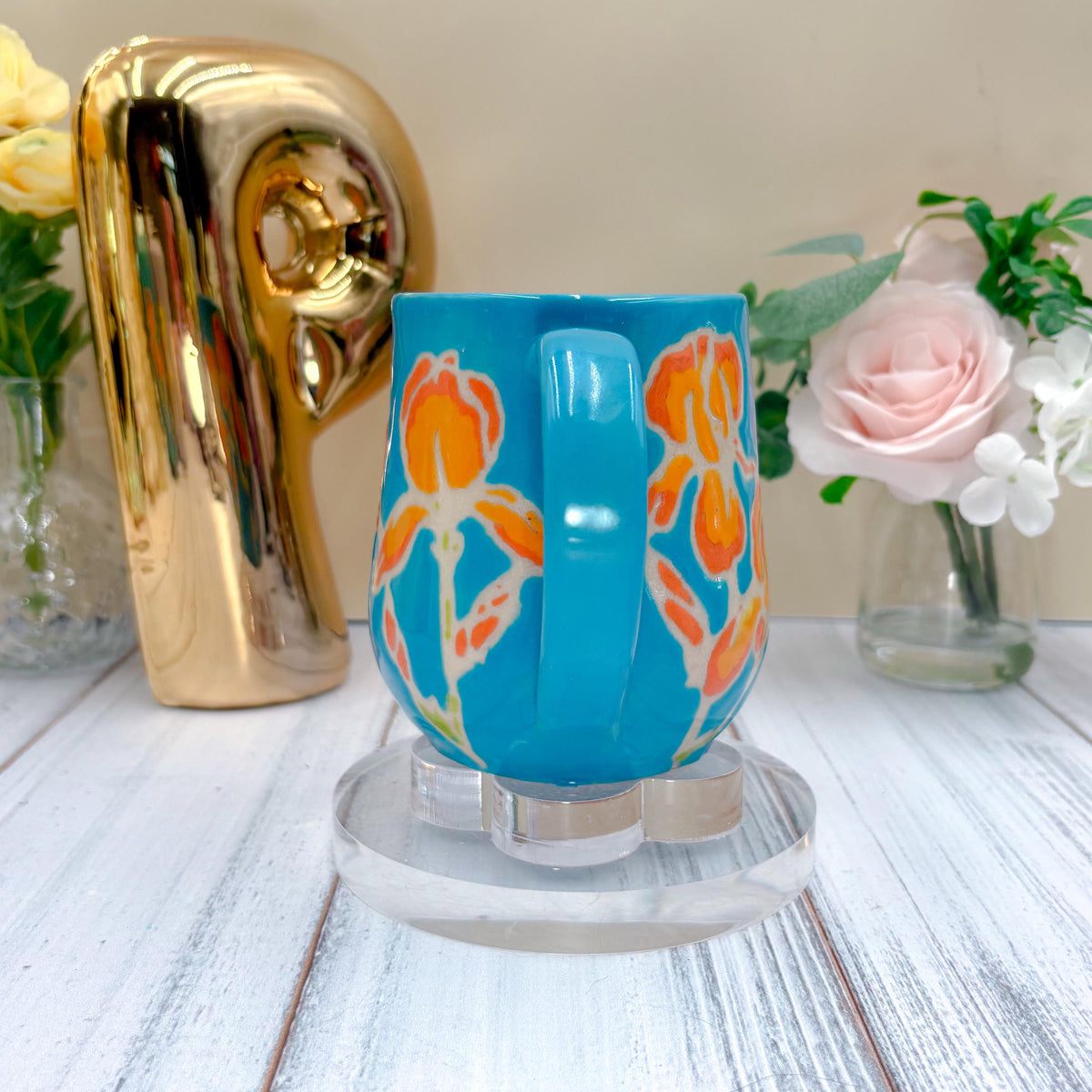 Teal Iris Ceramic Mug, Orange Iris Ceramic Mug, Flower Lover Gift, Orange Iris Flower, Gardener Gift Idea, Flower Home Decor, Cute Mug