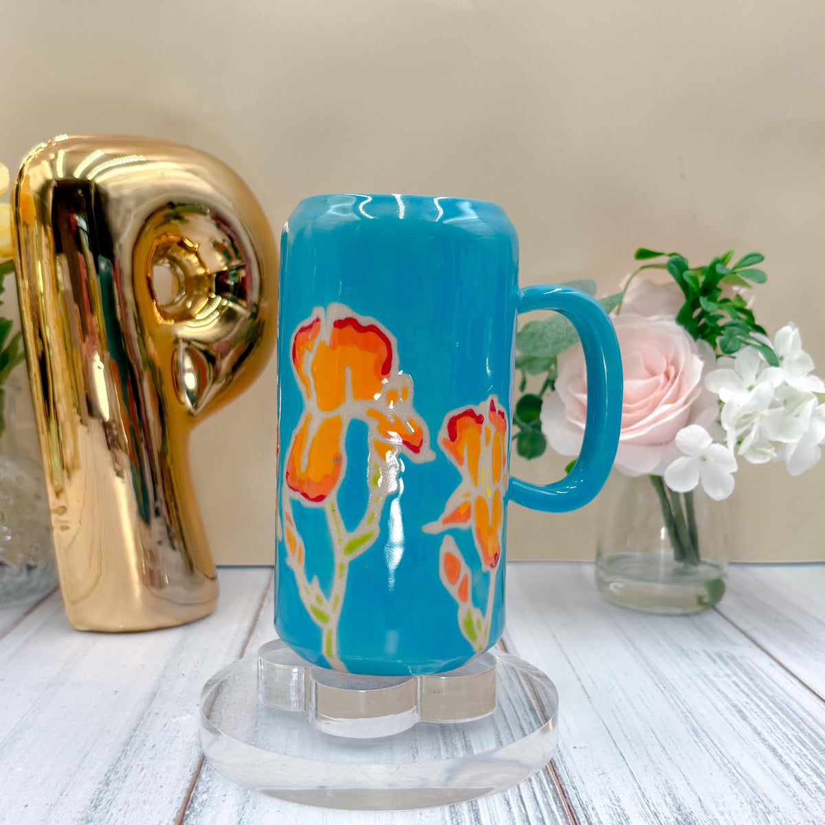 Teal Iris Ceramic Tumbler, Orange Iris Ceramic Mug, Flower Lover Gift, Orange Iris Flower, Gardener Gift Idea, Flower Home Decor, Cute Mug