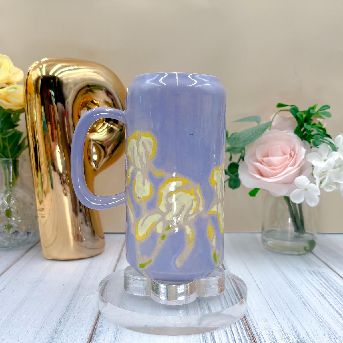 Lavender Iris Ceramic Tumbler, Yellow Iris Ceramic Mug, Flower Lover Gift, Yellow Iris Flower, Gardener Gift Idea, Flower Decor, Cute Mug