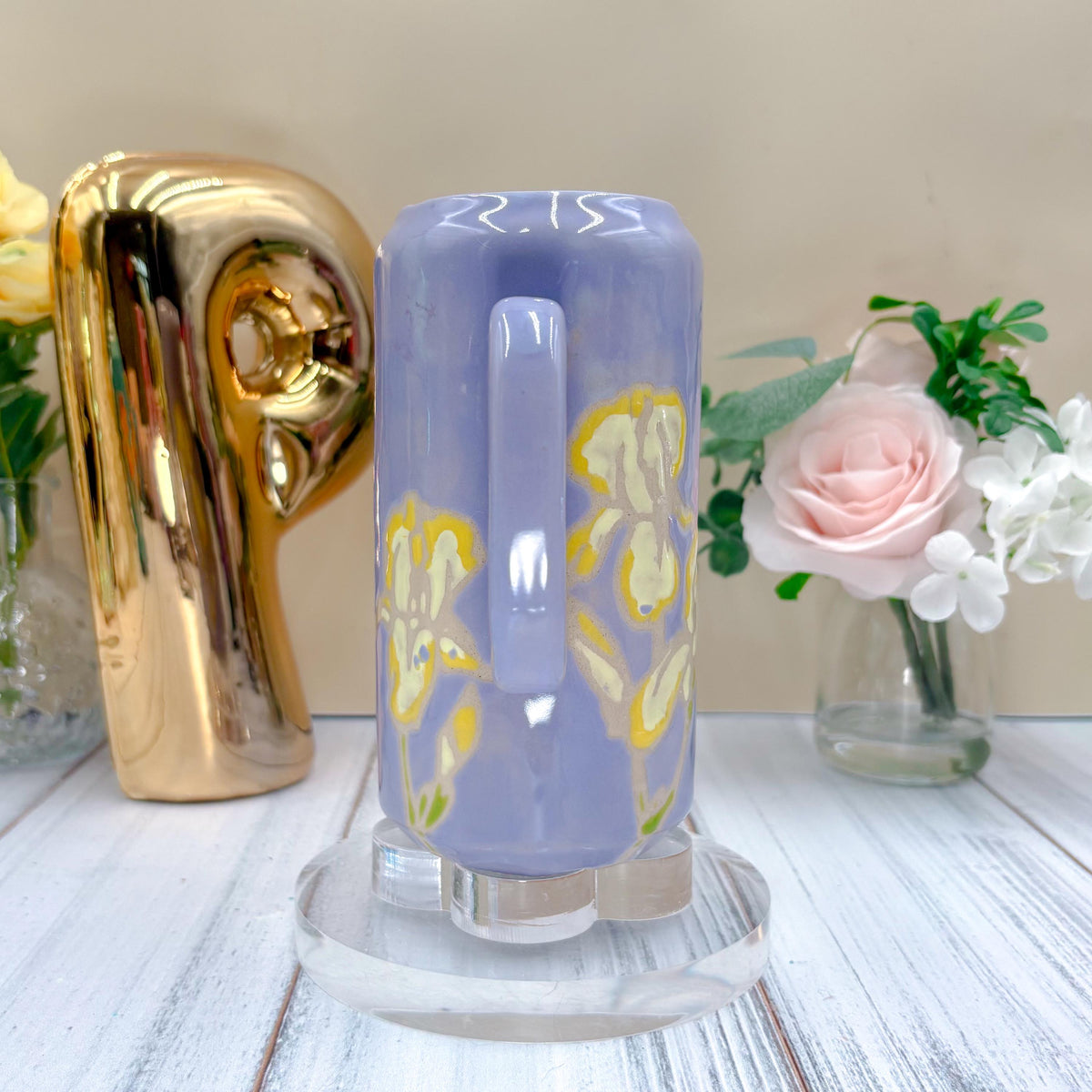 Lavender Iris Ceramic Tumbler, Yellow Iris Ceramic Mug, Flower Lover Gift, Yellow Iris Flower, Gardener Gift Idea, Flower Decor, Cute Mug