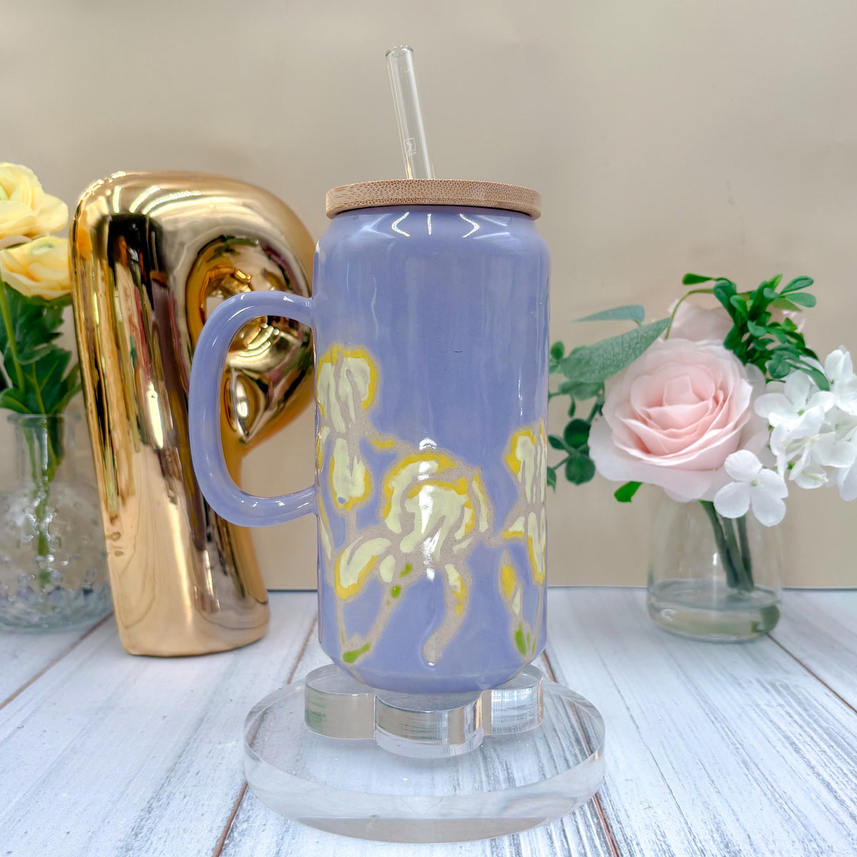 Lavender Iris Ceramic Tumbler, Yellow Iris Ceramic Mug, Flower Lover Gift, Yellow Iris Flower, Gardener Gift Idea, Flower Decor, Cute Mug