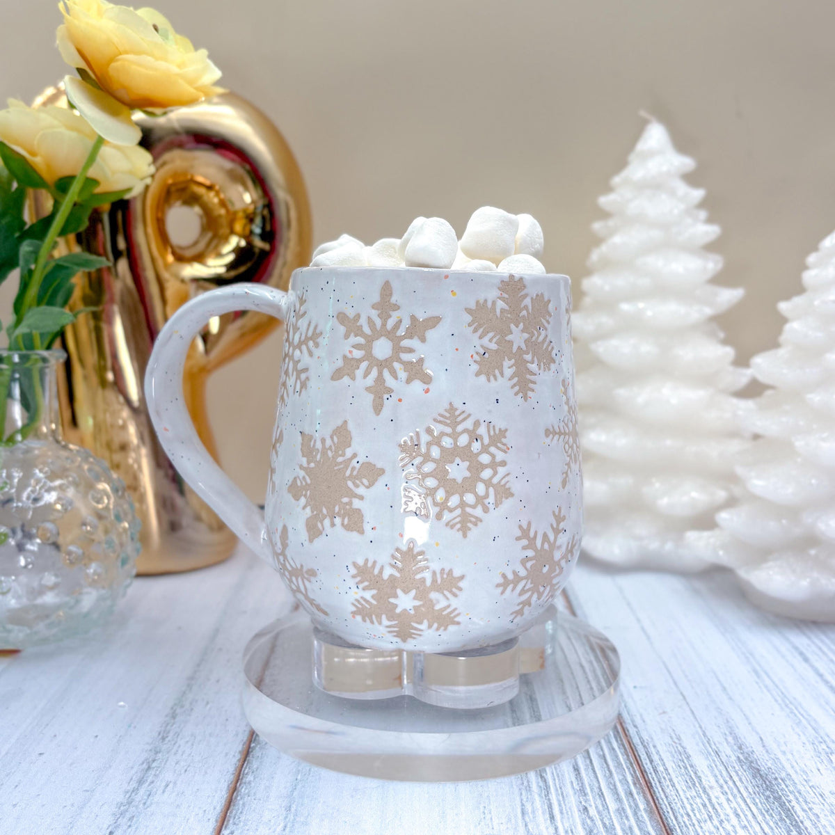 White Snowflake Ceramic Mug, Winter Coffee Mug, Christmas Mug Ceramic Handmade, Stoneware Mug, Holiday Cup, Cozy Cabin Gift, Winter Gift