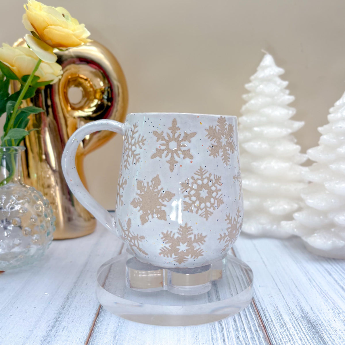 White Snowflake Ceramic Mug, Winter Coffee Mug, Christmas Mug Ceramic Handmade, Stoneware Mug, Holiday Cup, Cozy Cabin Gift, Winter Gift