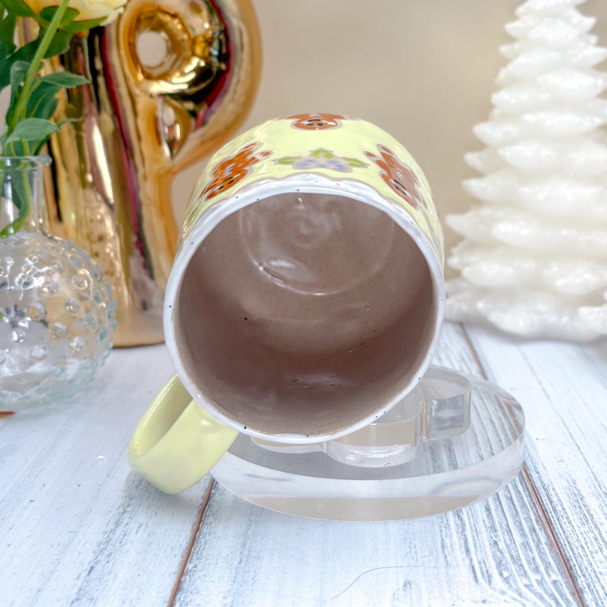 Yellow Gingerbread Ceramic Mug, Winter Coffee Mug, Christmas Mug Ceramic Handmade, Stoneware Mug, Holiday Cup, Cozy Cabin Gift, Winter Gift