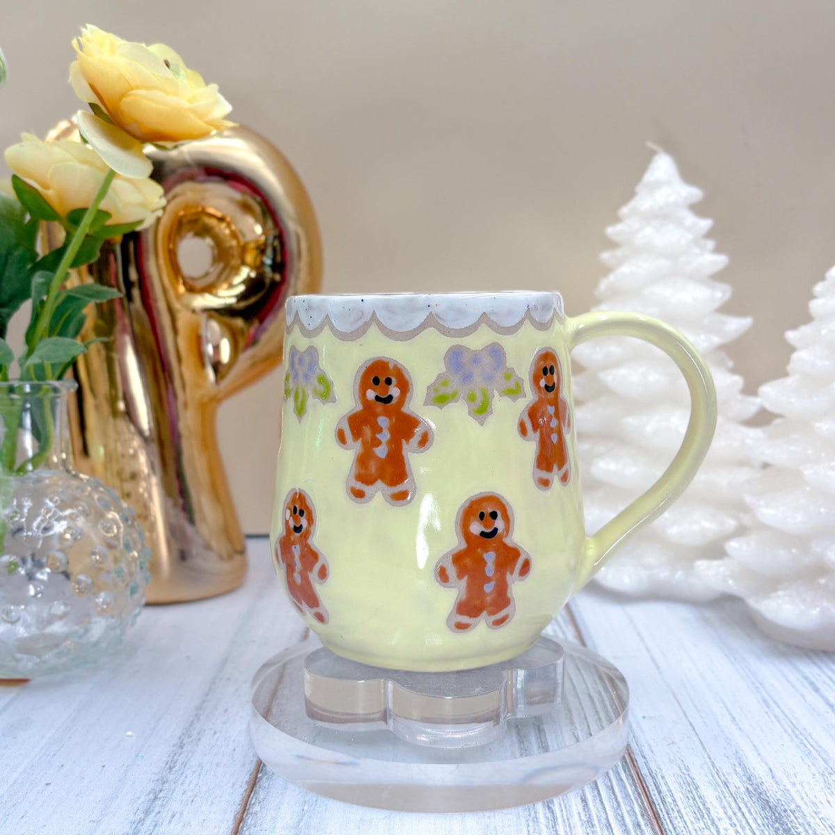 Yellow Gingerbread Ceramic Mug, Winter Coffee Mug, Christmas Mug Ceramic Handmade, Stoneware Mug, Holiday Cup, Cozy Cabin Gift, Winter Gift