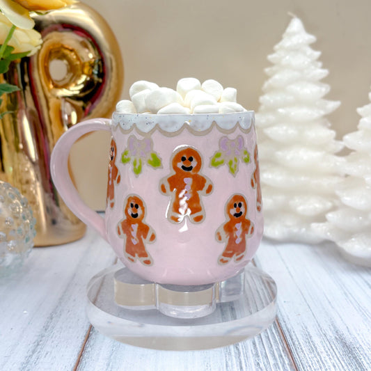 Pink Gingerbread Ceramic Mug, Winter Coffee Mug, Christmas Mug Ceramic Handmade, Stoneware Mug, Holiday Cup, Cozy Cabin Gift, Winter Gift