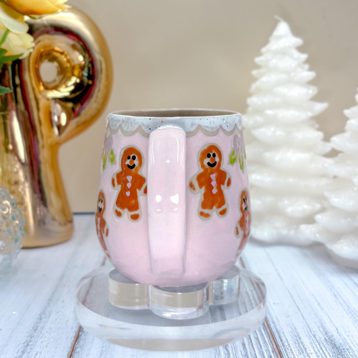 Pink Gingerbread Ceramic Mug, Winter Coffee Mug, Christmas Mug Ceramic Handmade, Stoneware Mug, Holiday Cup, Cozy Cabin Gift, Winter Gift