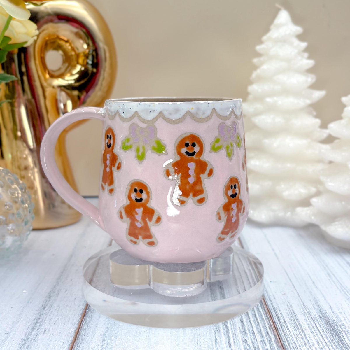 Pink Gingerbread Ceramic Mug, Winter Coffee Mug, Christmas Mug Ceramic Handmade, Stoneware Mug, Holiday Cup, Cozy Cabin Gift, Winter Gift
