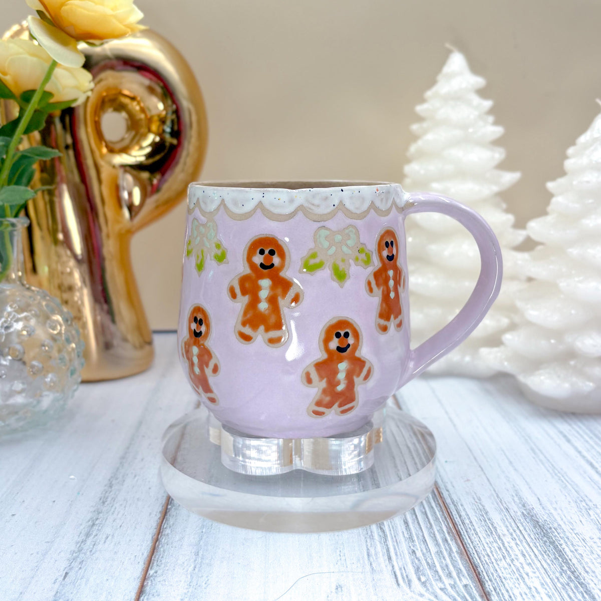Purple Gingerbread Ceramic Mug, Winter Coffee Mug, Christmas Mug Ceramic Handmade, Stoneware Mug, Holiday Cup, Cozy Cabin Gift, Winter Gift