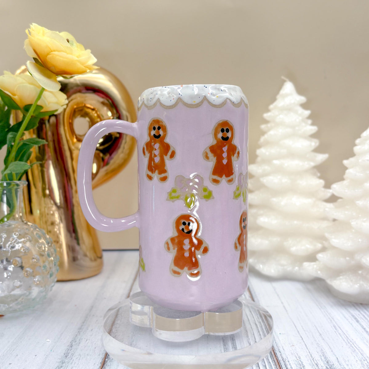 Purple Gingerbread Tumbler, Winter Coffee Mug, Christmas Mug Ceramic Handmade, Stoneware Mug, Holiday Cup, Cozy Cabin Gift, Winter Gift