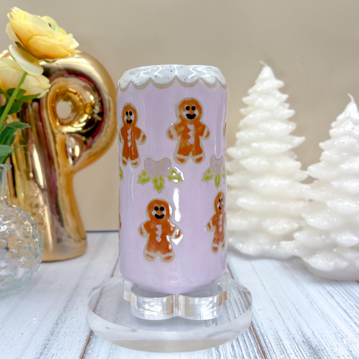 Purple Gingerbread Tumbler, Winter Coffee Mug, Christmas Mug Ceramic Handmade, Stoneware Mug, Holiday Cup, Cozy Cabin Gift, Winter Gift
