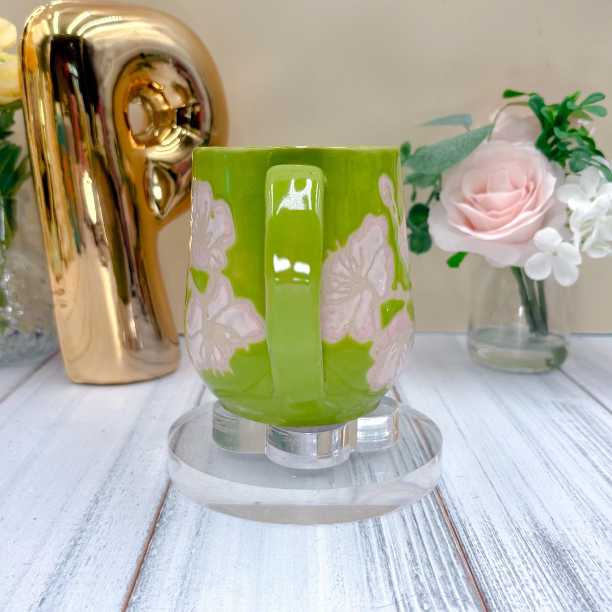 Green Cherry Blossom Ceramic Mug, Ceramic Mug, Flower Lover Gift, Cherry Blossom Flower, Gardener Gift Idea, Flower Home Decor, Cute Mug