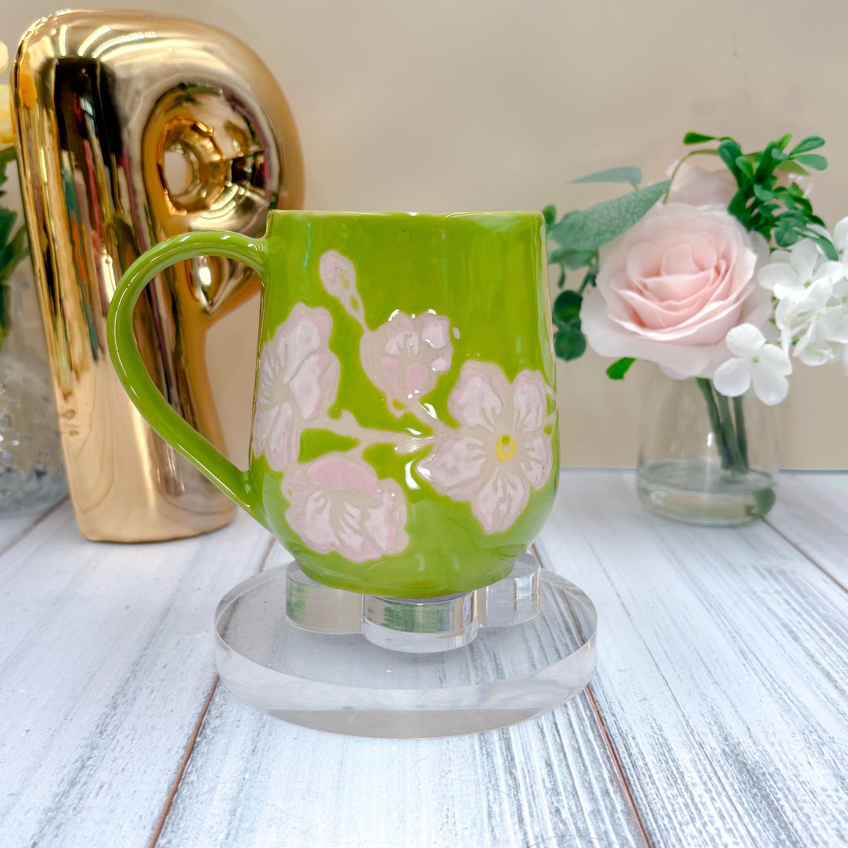 Green Cherry Blossom Ceramic Mug, Ceramic Mug, Flower Lover Gift, Cherry Blossom Flower, Gardener Gift Idea, Flower Home Decor, Cute Mug