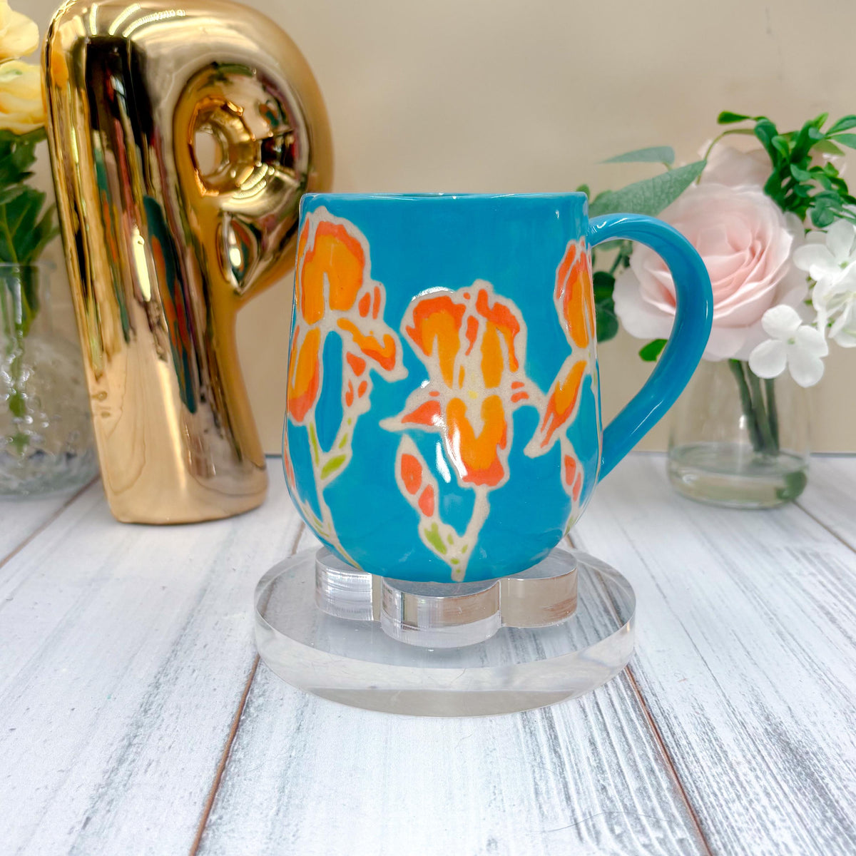 Teal Iris Ceramic Mug, Orange Iris Ceramic Mug, Flower Lover Gift, Orange Iris Flower, Gardener Gift Idea, Flower Home Decor, Cute Mug