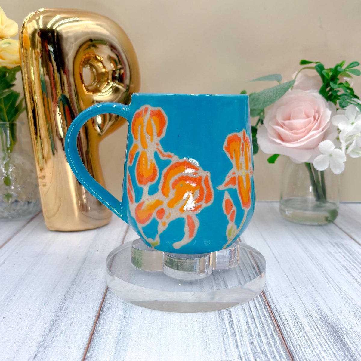 Teal Iris Ceramic Mug, Orange Iris Ceramic Mug, Flower Lover Gift, Orange Iris Flower, Gardener Gift Idea, Flower Home Decor, Cute Mug