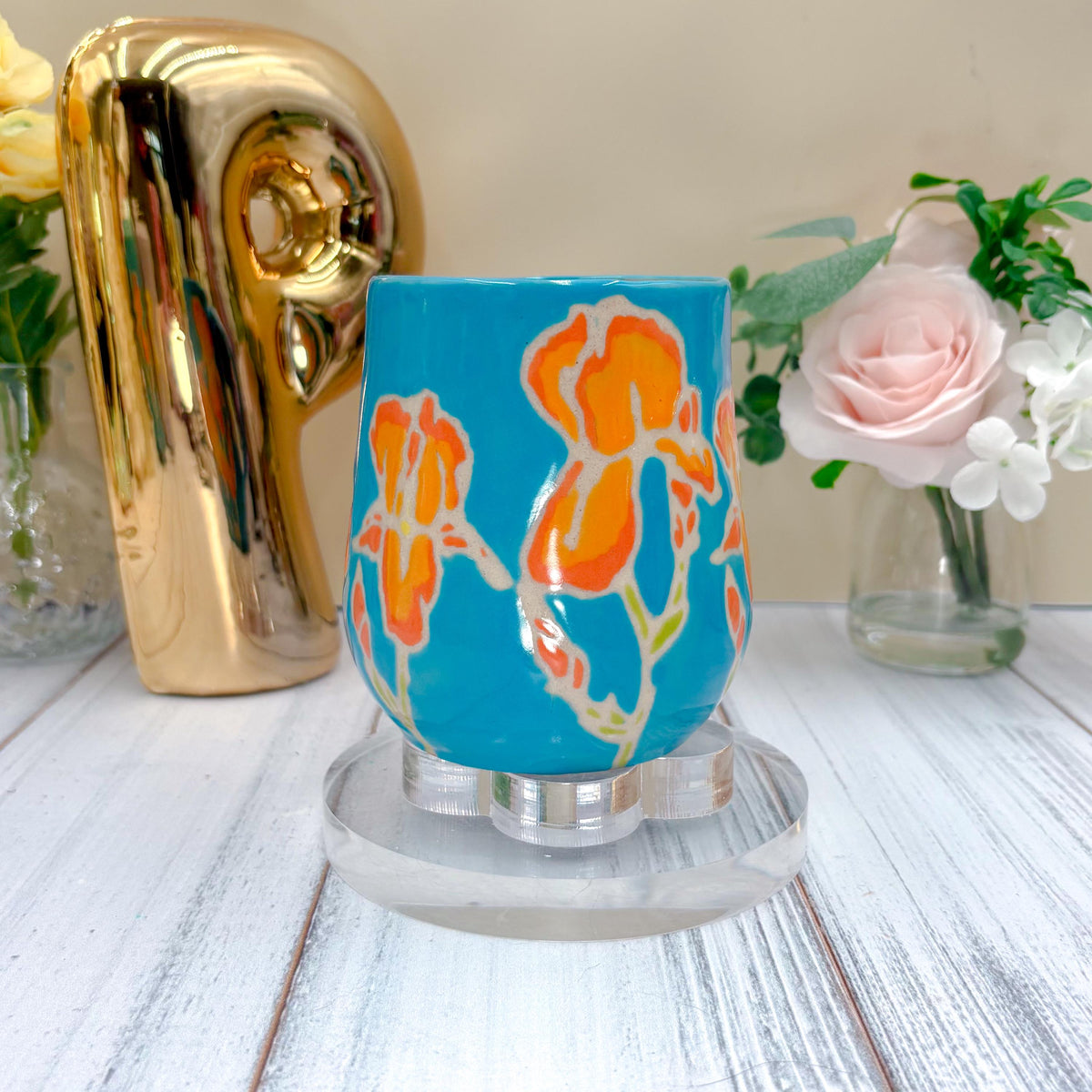 Teal Iris Ceramic Mug, Orange Iris Ceramic Mug, Flower Lover Gift, Orange Iris Flower, Gardener Gift Idea, Flower Home Decor, Cute Mug