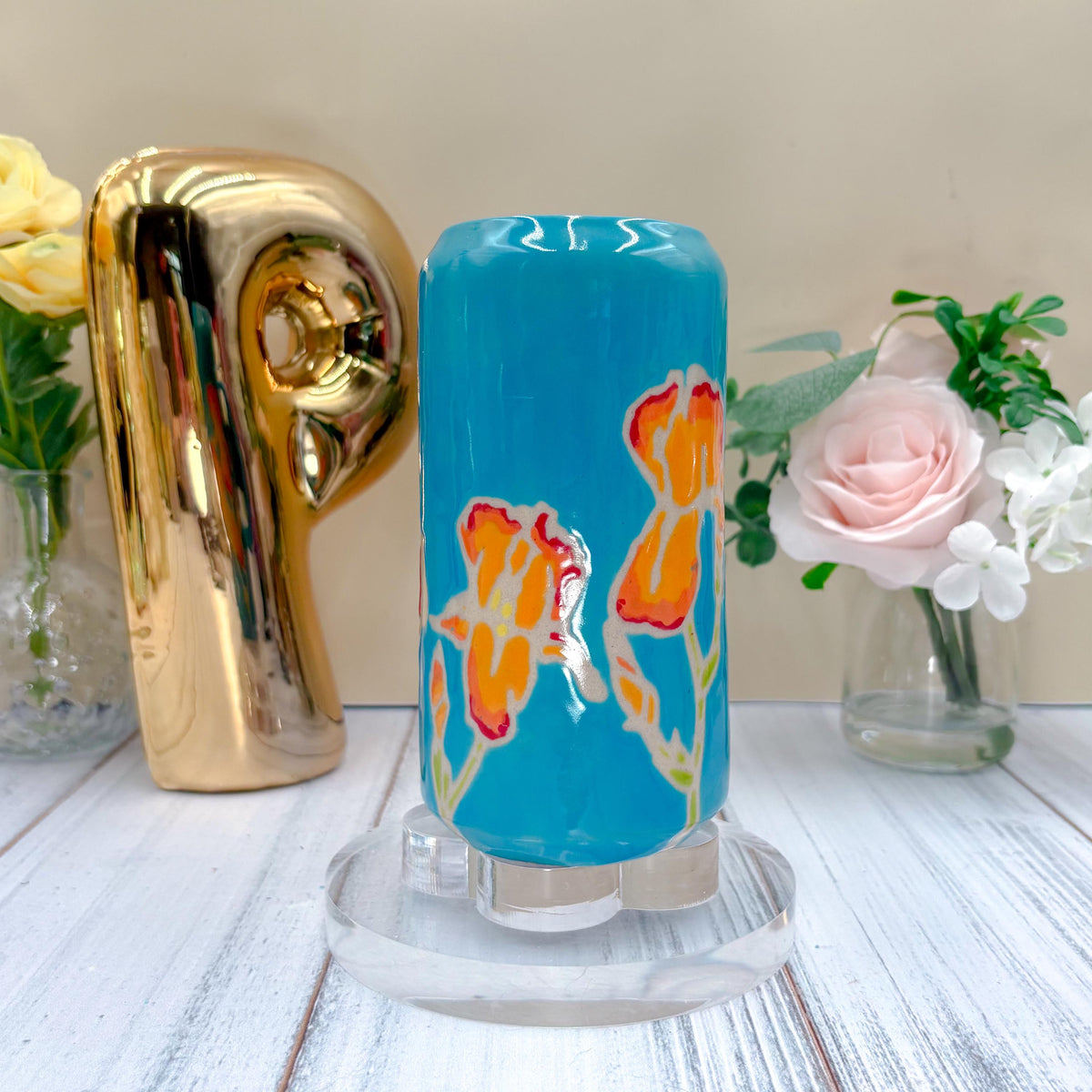 Teal Iris Ceramic Tumbler, Orange Iris Ceramic Mug, Flower Lover Gift, Orange Iris Flower, Gardener Gift Idea, Flower Home Decor, Cute Mug