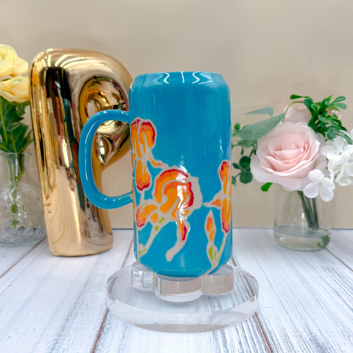 Teal Iris Ceramic Tumbler, Orange Iris Ceramic Mug, Flower Lover Gift, Orange Iris Flower, Gardener Gift Idea, Flower Home Decor, Cute Mug