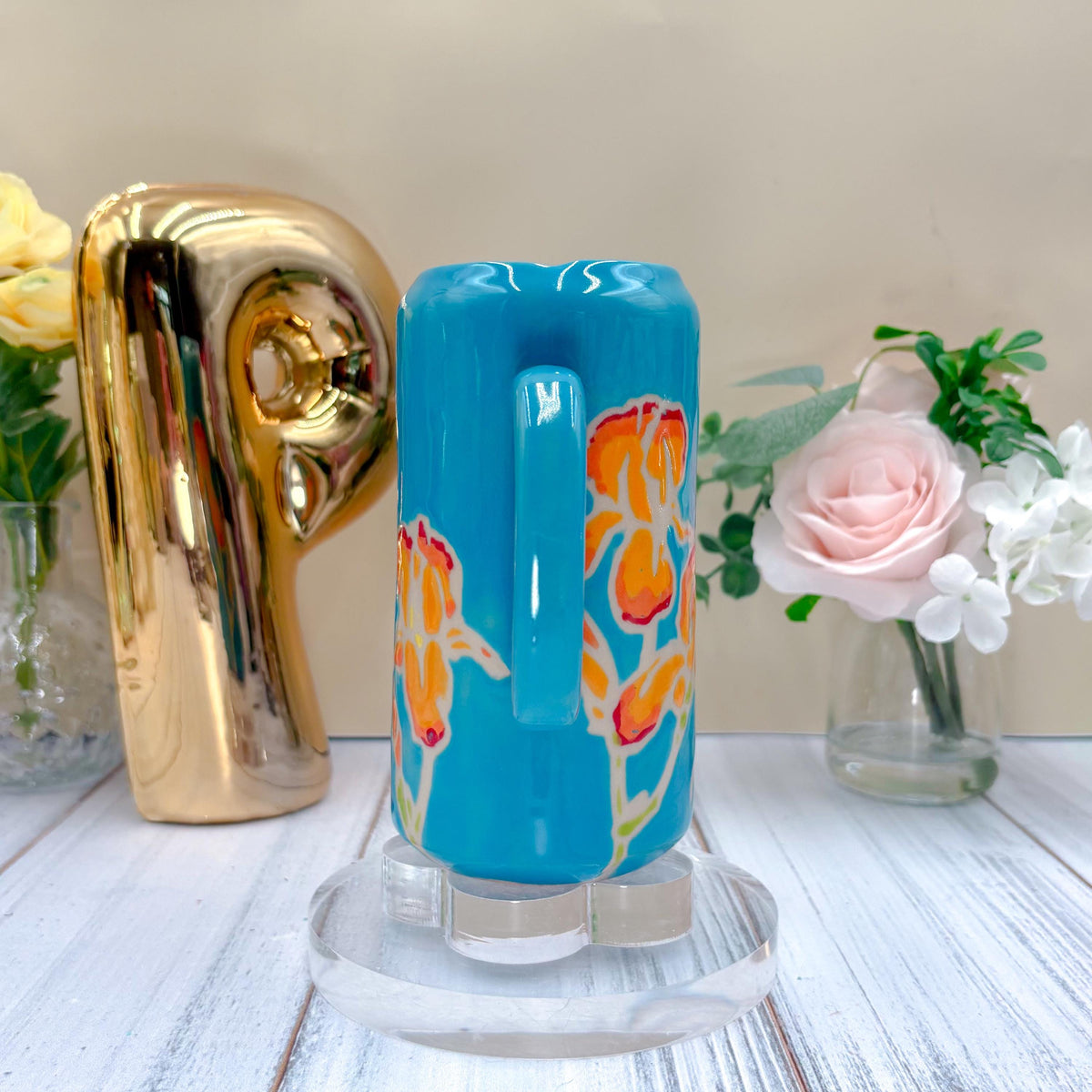 Teal Iris Ceramic Tumbler, Orange Iris Ceramic Mug, Flower Lover Gift, Orange Iris Flower, Gardener Gift Idea, Flower Home Decor, Cute Mug