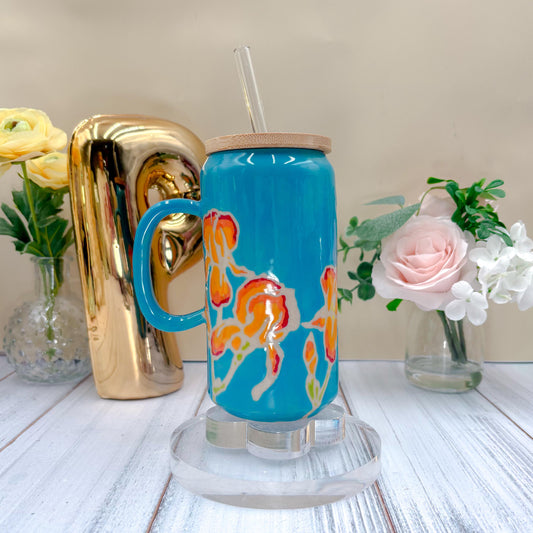 Teal Iris Ceramic Tumbler, Orange Iris Ceramic Mug, Flower Lover Gift, Orange Iris Flower, Gardener Gift Idea, Flower Home Decor, Cute Mug