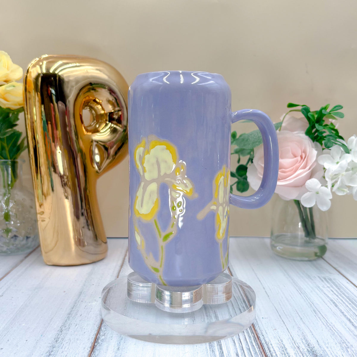 Lavender Iris Ceramic Tumbler, Yellow Iris Ceramic Mug, Flower Lover Gift, Yellow Iris Flower, Gardener Gift Idea, Flower Decor, Cute Mug