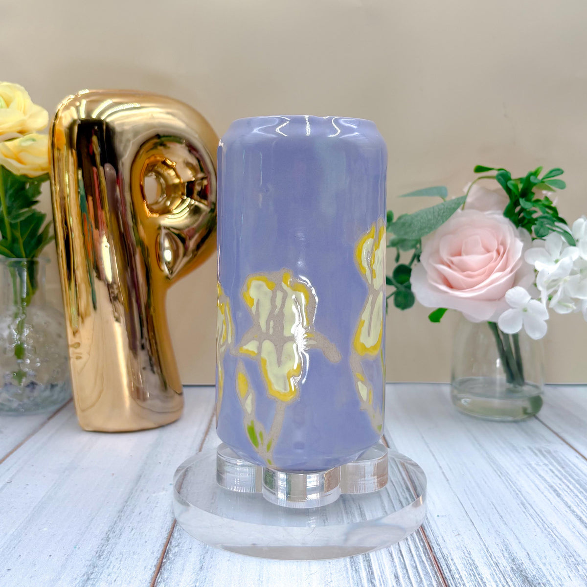 Lavender Iris Ceramic Tumbler, Yellow Iris Ceramic Mug, Flower Lover Gift, Yellow Iris Flower, Gardener Gift Idea, Flower Decor, Cute Mug