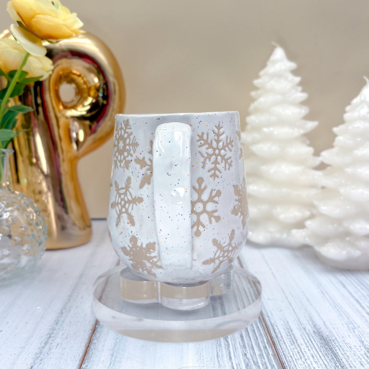 White Snowflake Ceramic Mug, Winter Coffee Mug, Christmas Mug Ceramic Handmade, Stoneware Mug, Holiday Cup, Cozy Cabin Gift, Winter Gift