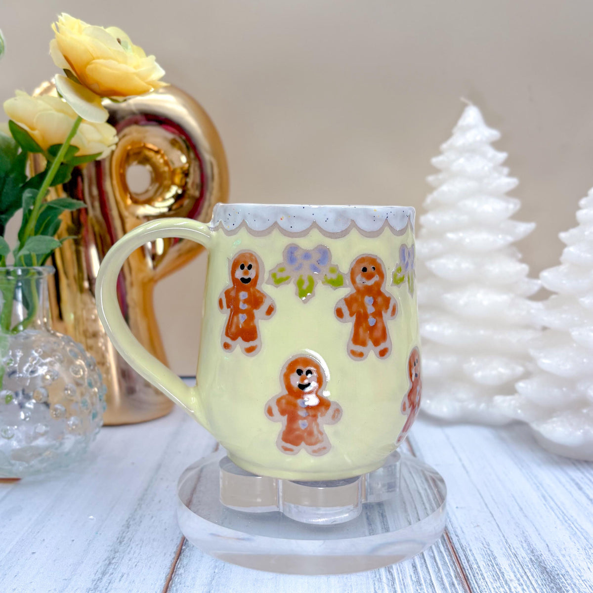 Yellow Gingerbread Ceramic Mug, Winter Coffee Mug, Christmas Mug Ceramic Handmade, Stoneware Mug, Holiday Cup, Cozy Cabin Gift, Winter Gift