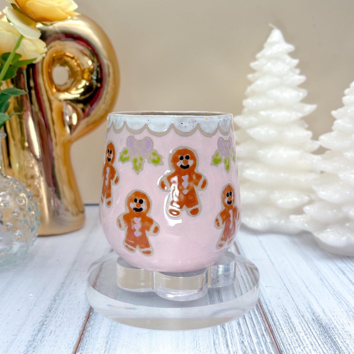 Pink Gingerbread Ceramic Mug, Winter Coffee Mug, Christmas Mug Ceramic Handmade, Stoneware Mug, Holiday Cup, Cozy Cabin Gift, Winter Gift