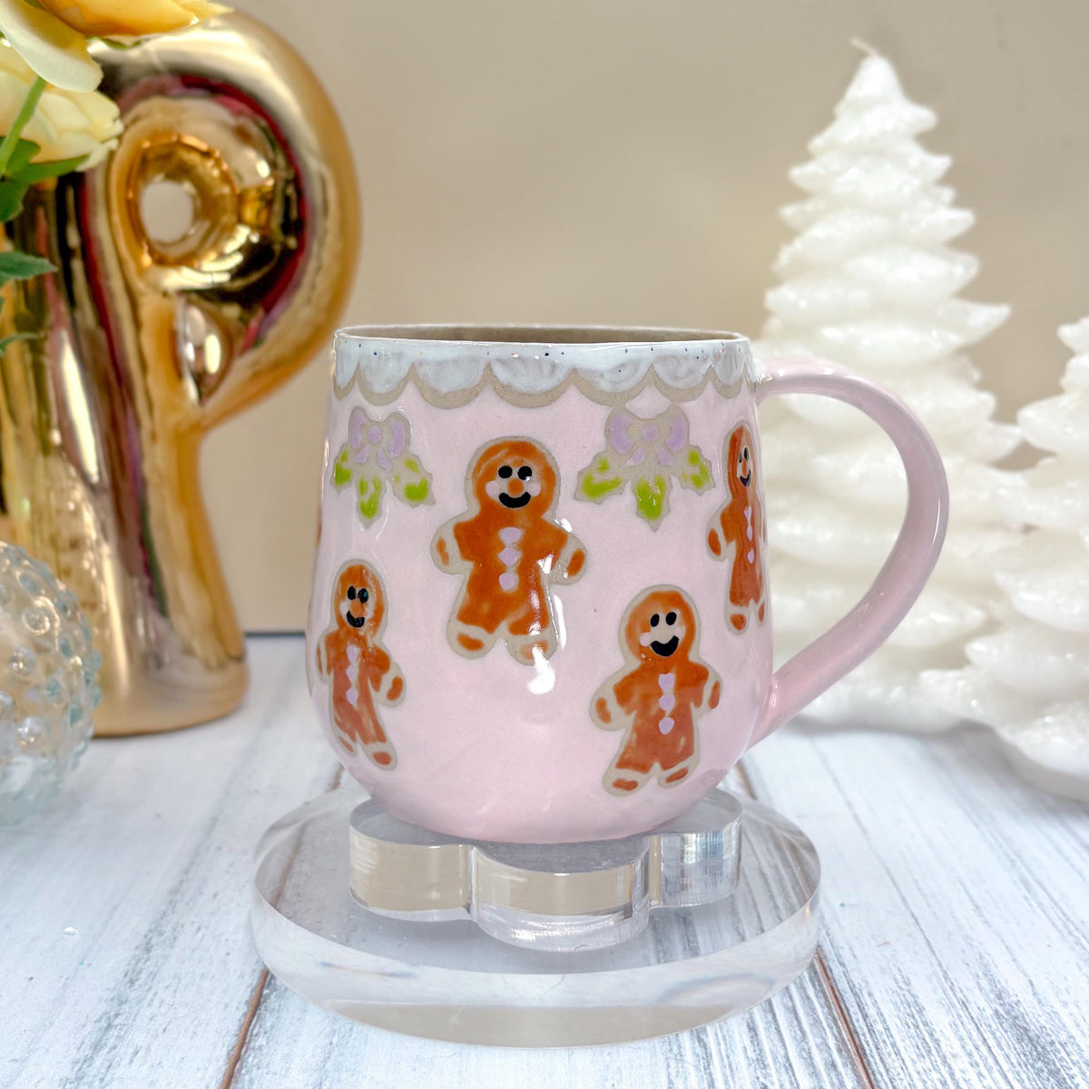 Pink Gingerbread Ceramic Mug, Winter Coffee Mug, Christmas Mug Ceramic Handmade, Stoneware Mug, Holiday Cup, Cozy Cabin Gift, Winter Gift