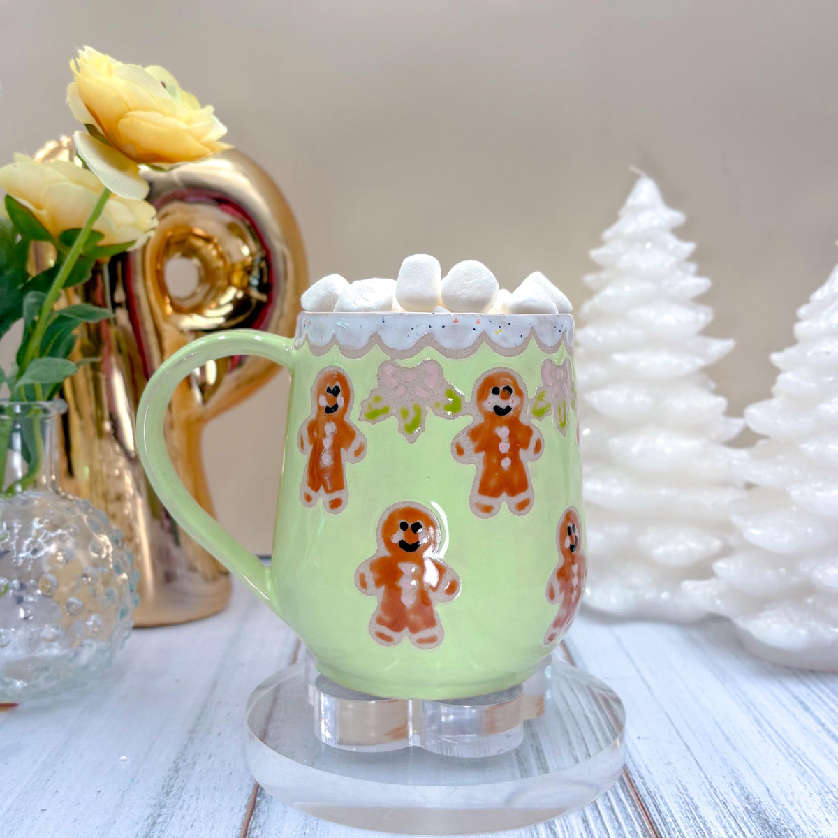Green Gingerbread Ceramic Mug, Winter Coffee Mug, Christmas Mug Ceramic Handmade, Stoneware Mug, Holiday Cup, Cozy Cabin Gift, Winter Gift