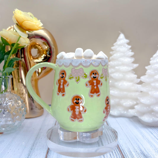 Green Gingerbread Ceramic Mug, Winter Coffee Mug, Christmas Mug Ceramic Handmade, Stoneware Mug, Holiday Cup, Cozy Cabin Gift, Winter Gift