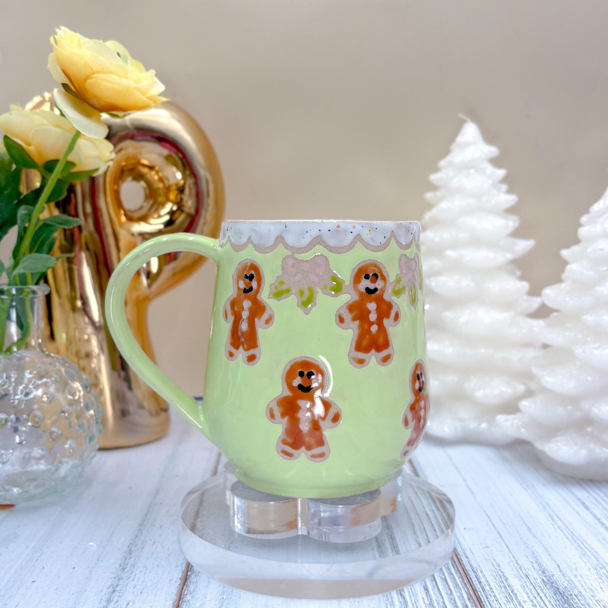 Green Gingerbread Ceramic Mug, Winter Coffee Mug, Christmas Mug Ceramic Handmade, Stoneware Mug, Holiday Cup, Cozy Cabin Gift, Winter Gift