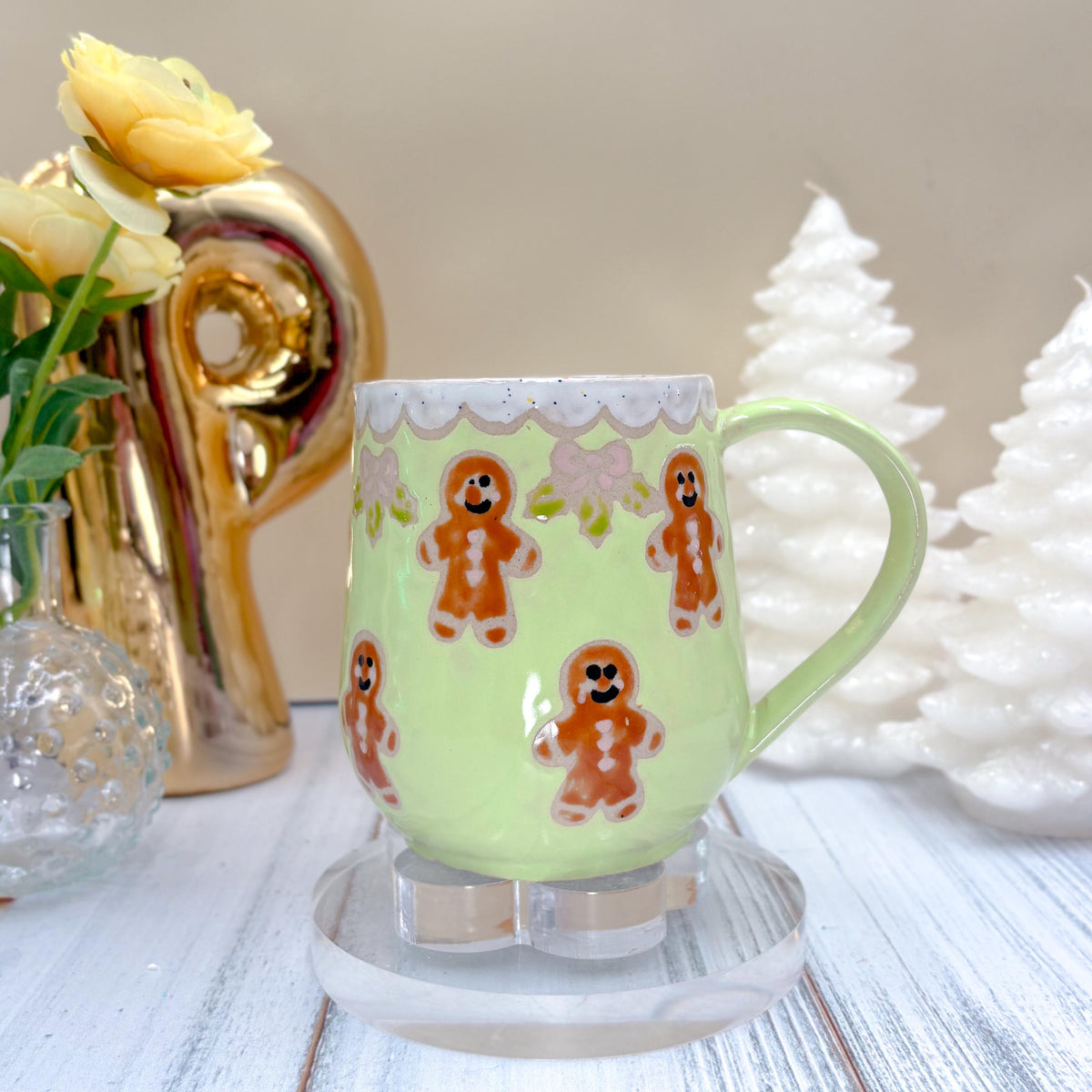 Green Gingerbread Ceramic Mug, Winter Coffee Mug, Christmas Mug Ceramic Handmade, Stoneware Mug, Holiday Cup, Cozy Cabin Gift, Winter Gift