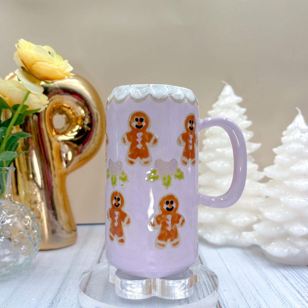 Purple Gingerbread Tumbler, Winter Coffee Mug, Christmas Mug Ceramic Handmade, Stoneware Mug, Holiday Cup, Cozy Cabin Gift, Winter Gift