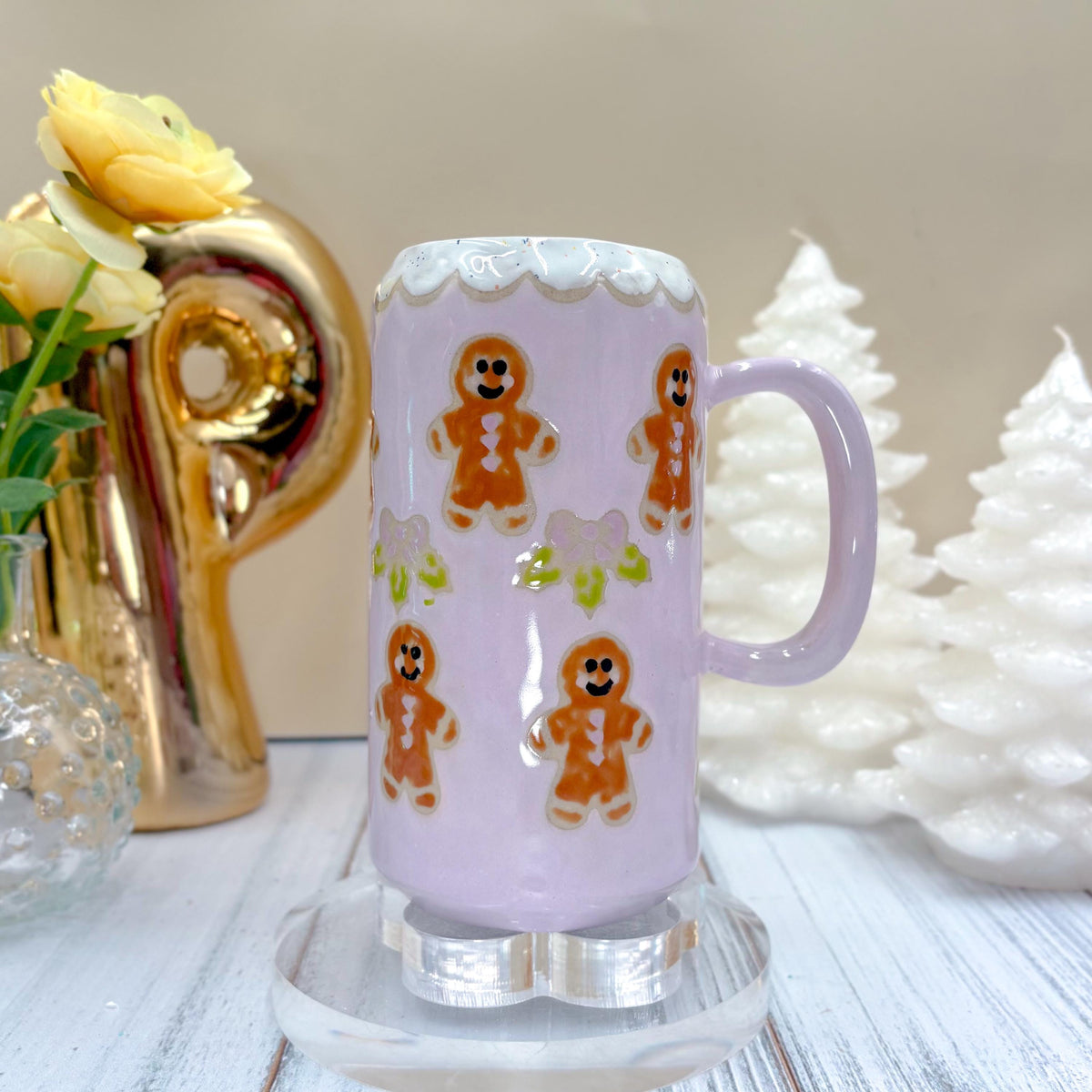 Purple Gingerbread Tumbler, Winter Coffee Mug, Christmas Mug Ceramic Handmade, Stoneware Mug, Holiday Cup, Cozy Cabin Gift, Winter Gift