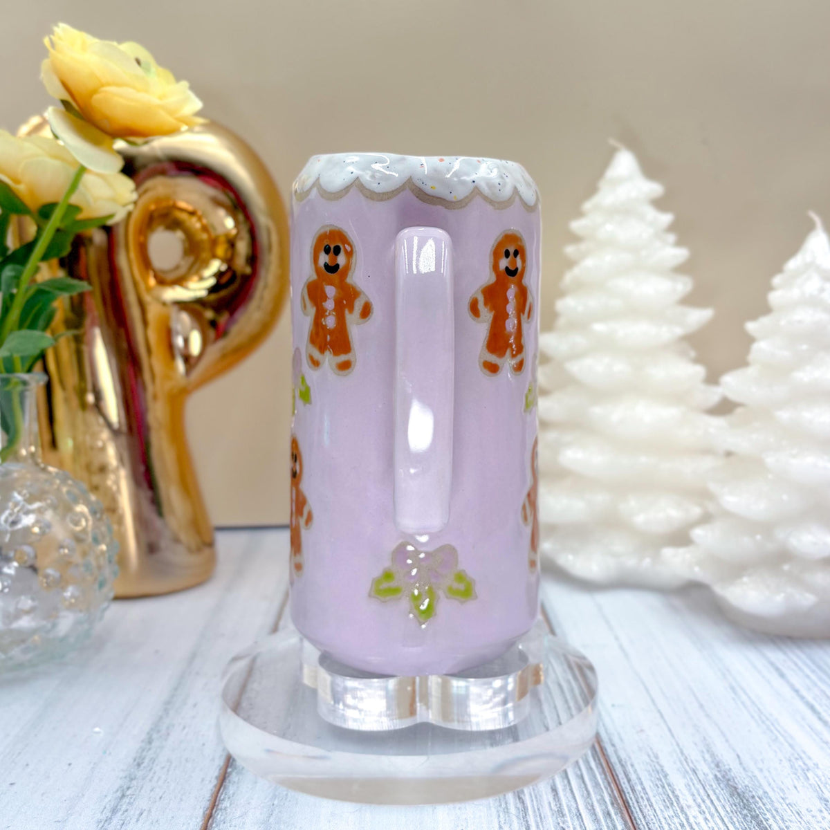 Purple Gingerbread Tumbler, Winter Coffee Mug, Christmas Mug Ceramic Handmade, Stoneware Mug, Holiday Cup, Cozy Cabin Gift, Winter Gift