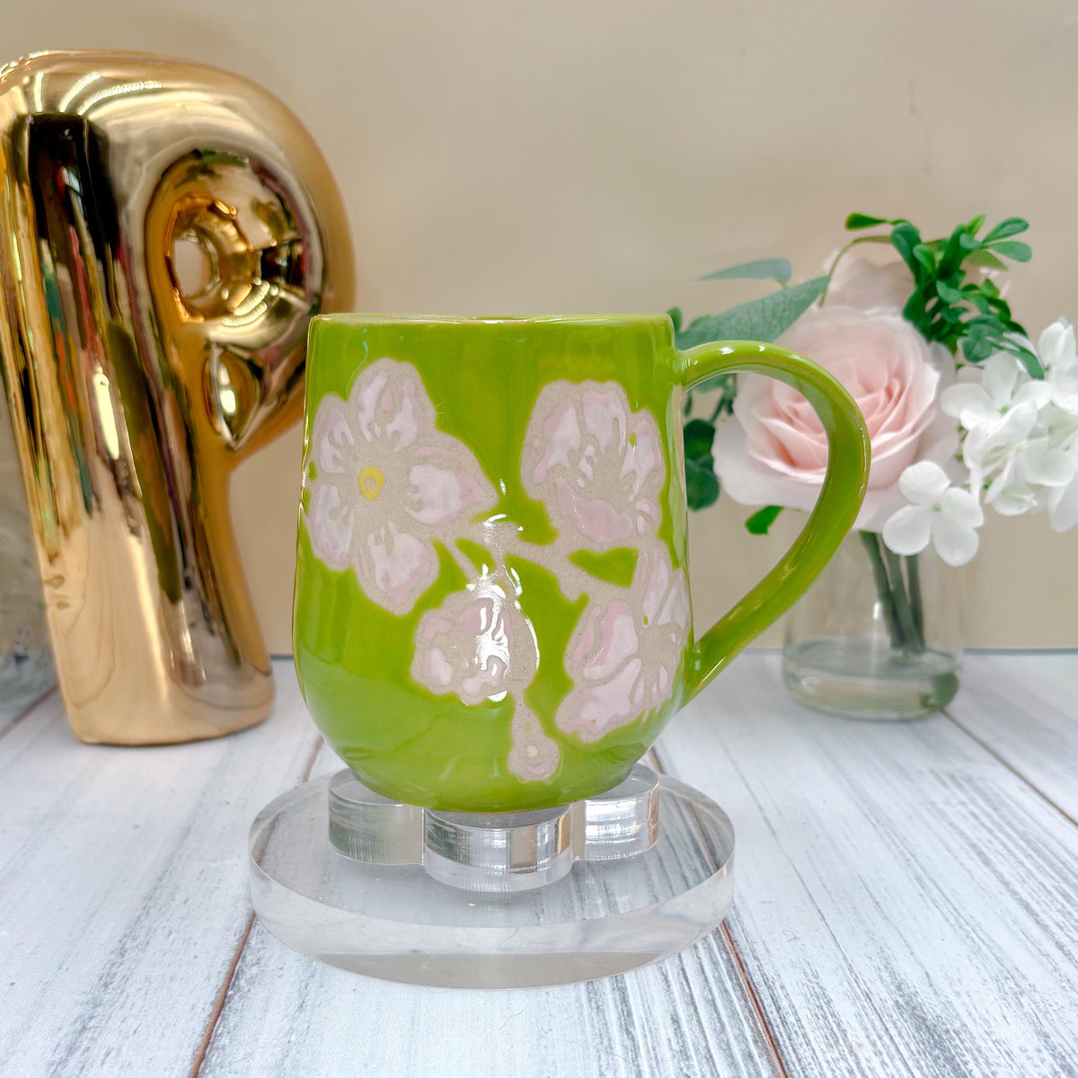 Green Cherry Blossom Ceramic Mug, Ceramic Mug, Flower Lover Gift, Cherry Blossom Flower, Gardener Gift Idea, Flower Home Decor, Cute Mug