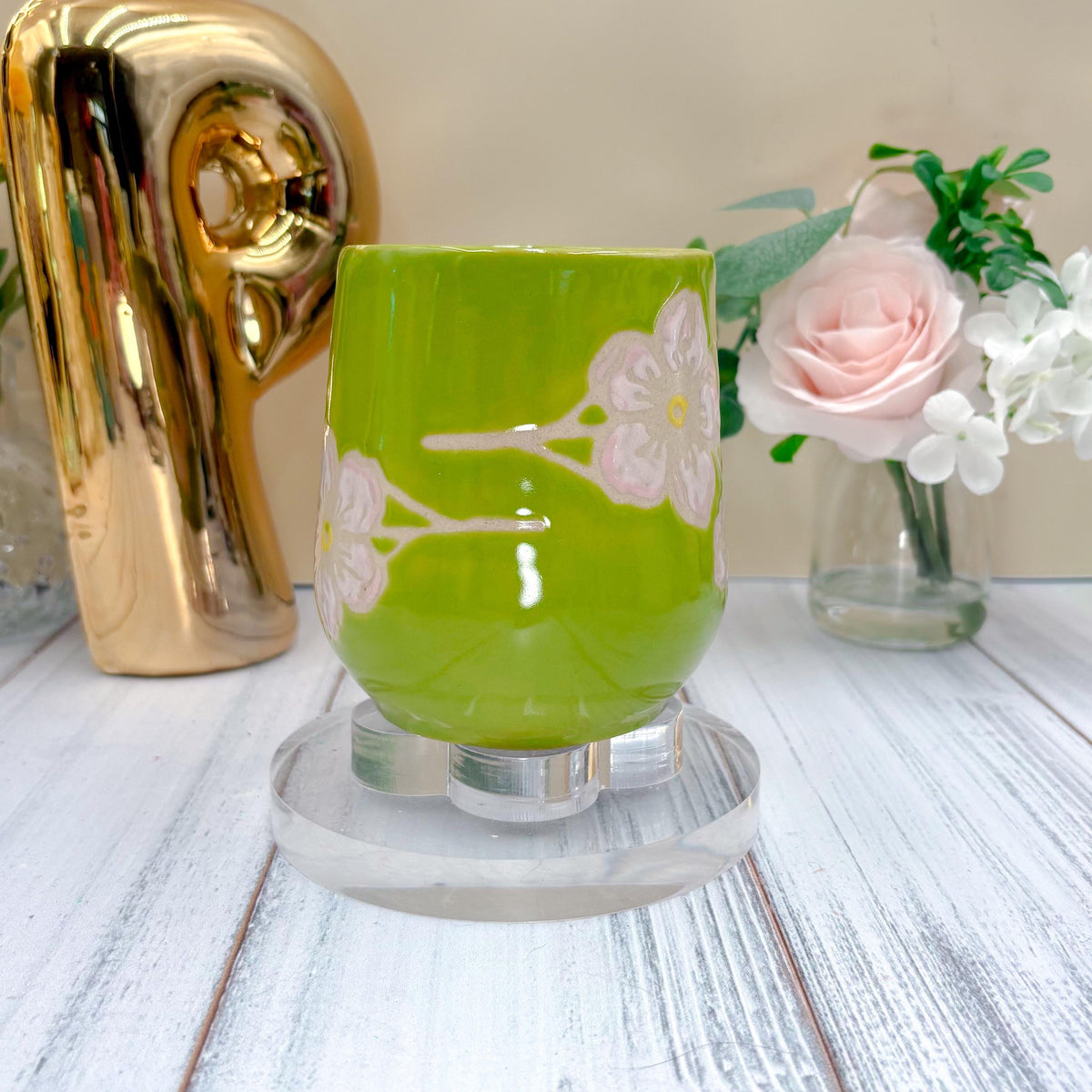Green Cherry Blossom Ceramic Mug, Ceramic Mug, Flower Lover Gift, Cherry Blossom Flower, Gardener Gift Idea, Flower Home Decor, Cute Mug