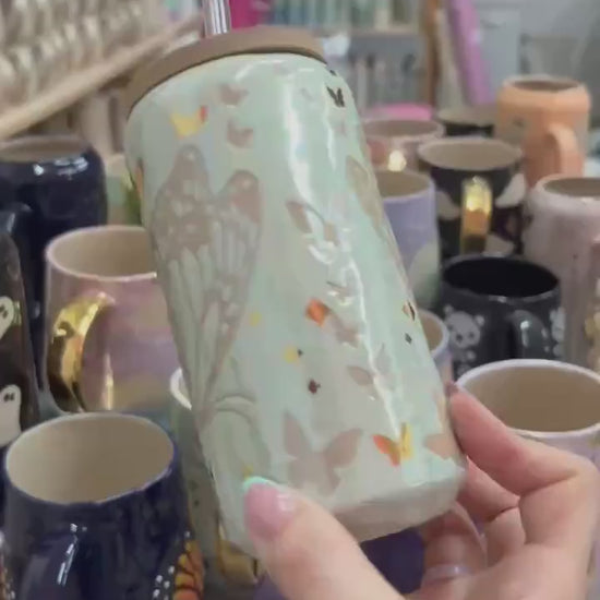 Gold Light Blue Butterfly Ceramic Tumbler