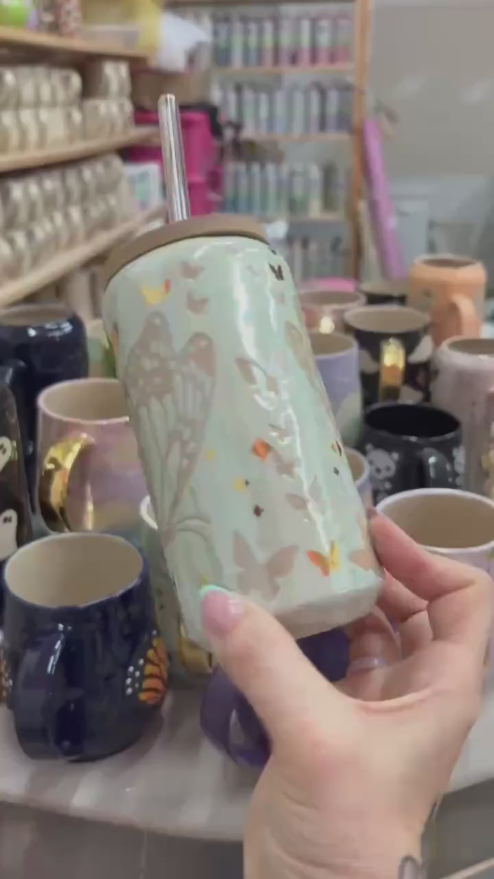 Gold Light Blue Butterfly Ceramic Tumbler