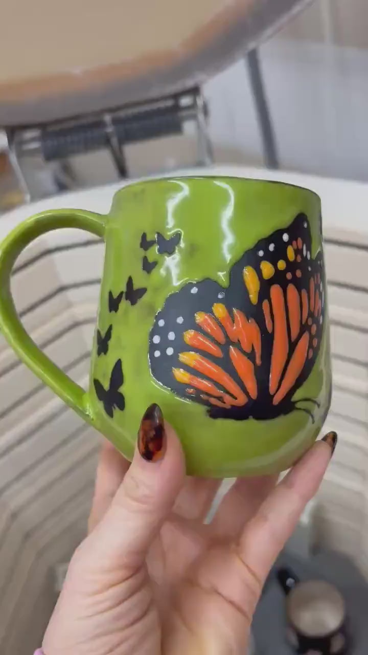 Green Monarch Butterfly Ceramic Mug