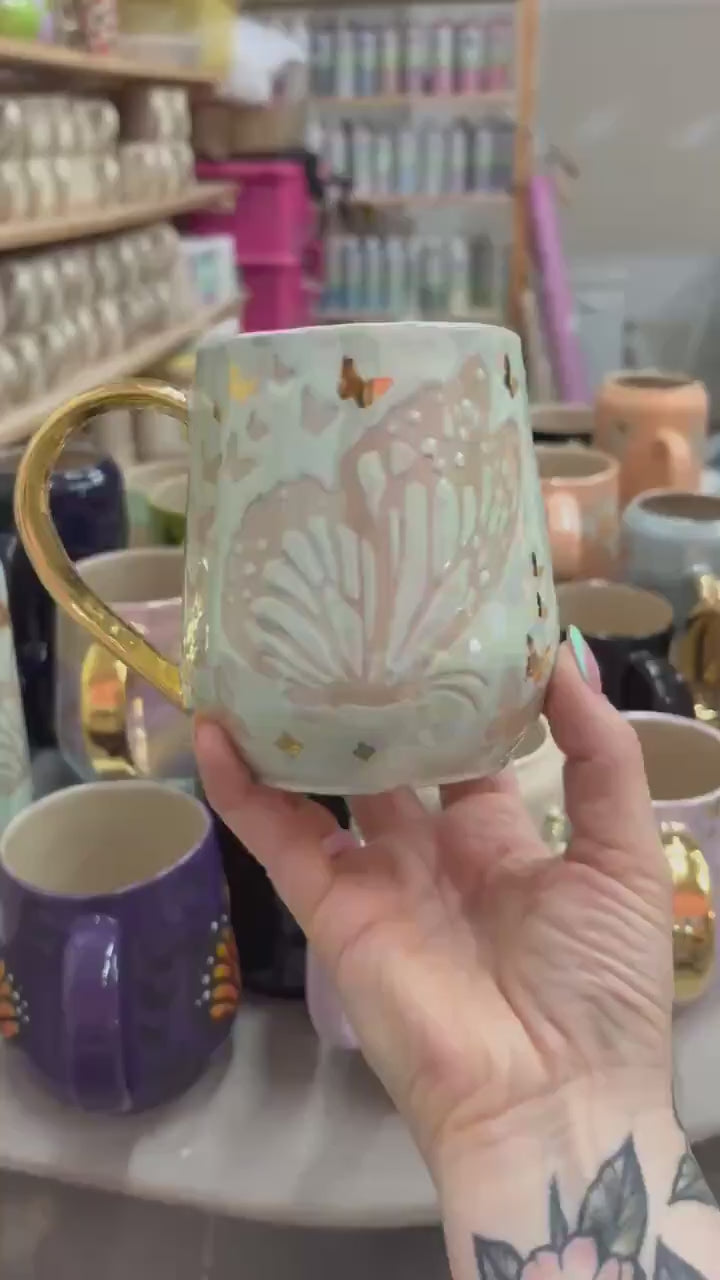 Gold Light Blue Butterfly Ceramic Mug