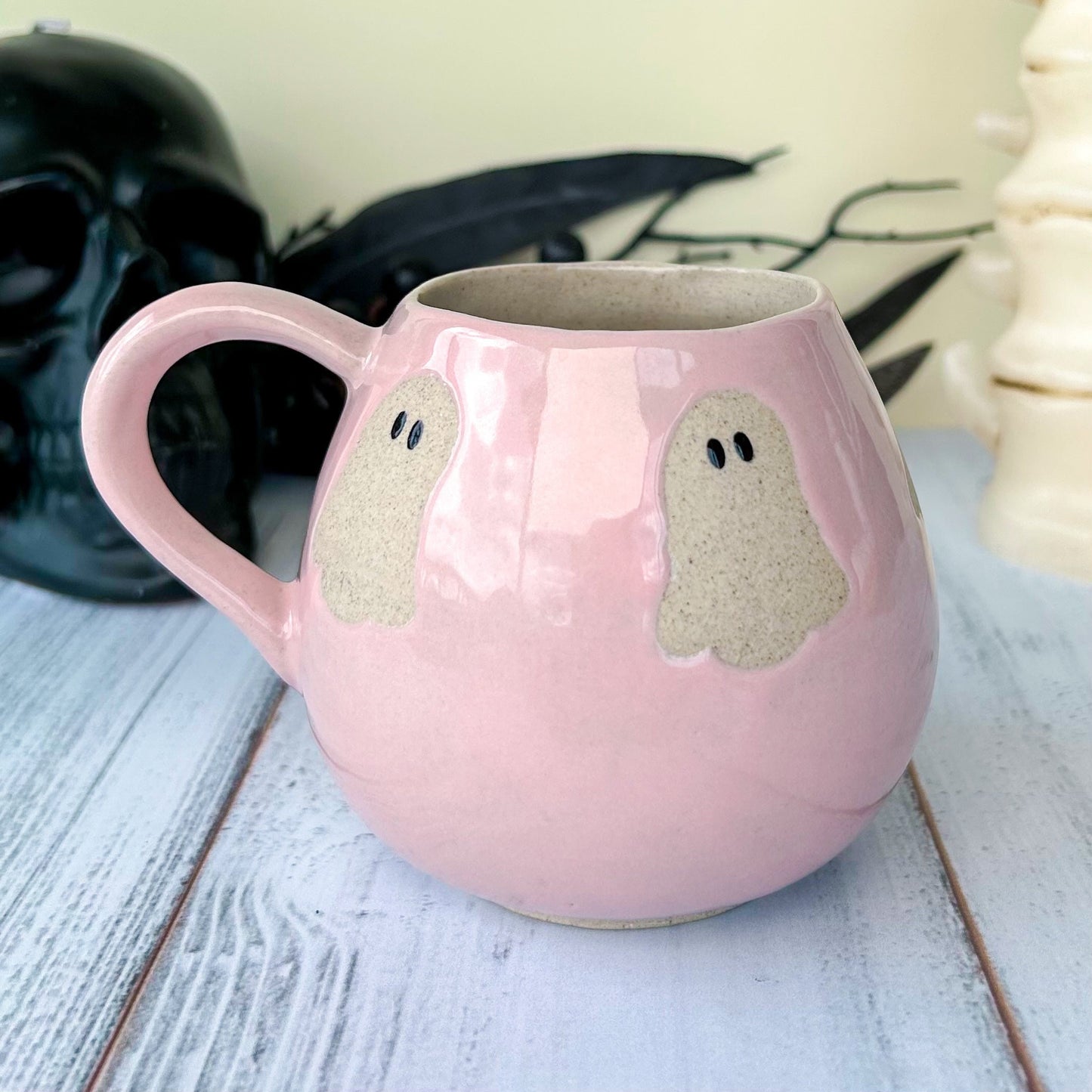 Pink Ghost Mug Ceramic, Autumn Gift For Her, Retro Fall Mug, Halloween Gift Teacher, Spooky Mug Handmade, Cute Autumn Mugs, Cozy Fall Gift