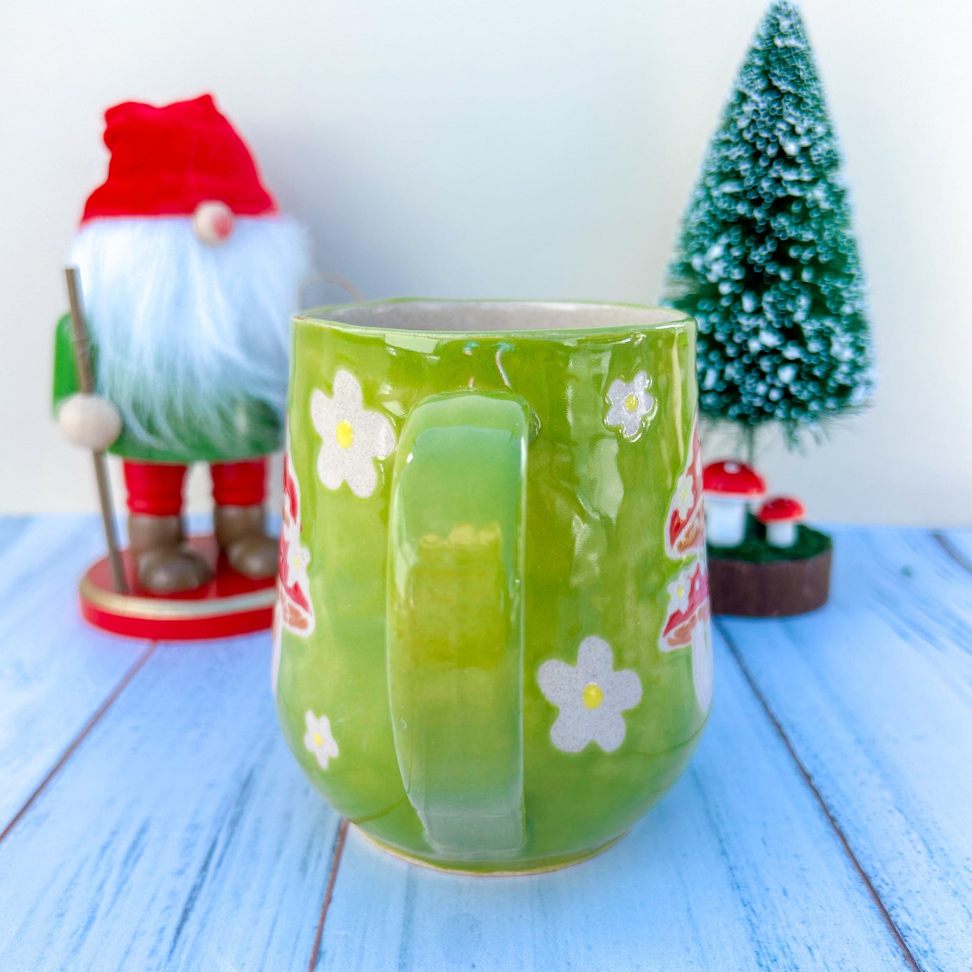 Green Mushroom Mug Handmade, Cottagecore Coffee Mug, Hippie Birthday Gift Friend, Retro Christmas Mug, Mushroom Lovers Gift, Gardener Gift