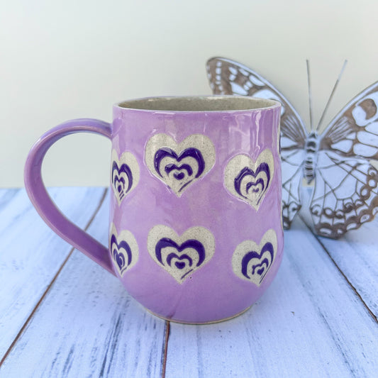 Purple Mug Pottery, Heart Coffee Mug Ceramic, Groovy Gift Women, Heart Gift For Friend, Cute Mug Handmade, Retro Heart Cup