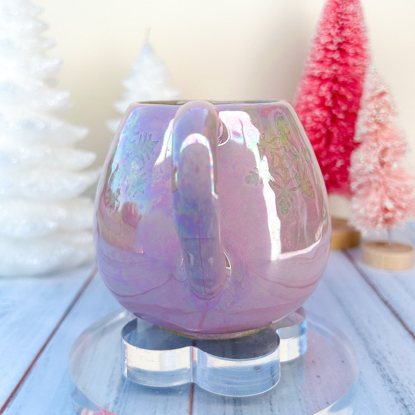 Pearly Pink Winter Coffee Mug, Snowflake Mug, Christmas Mug Ceramic Handmade, Stoneware Mug 12 Oz, Holiday Cup, Cozy Cabin Gift, Winter Gift