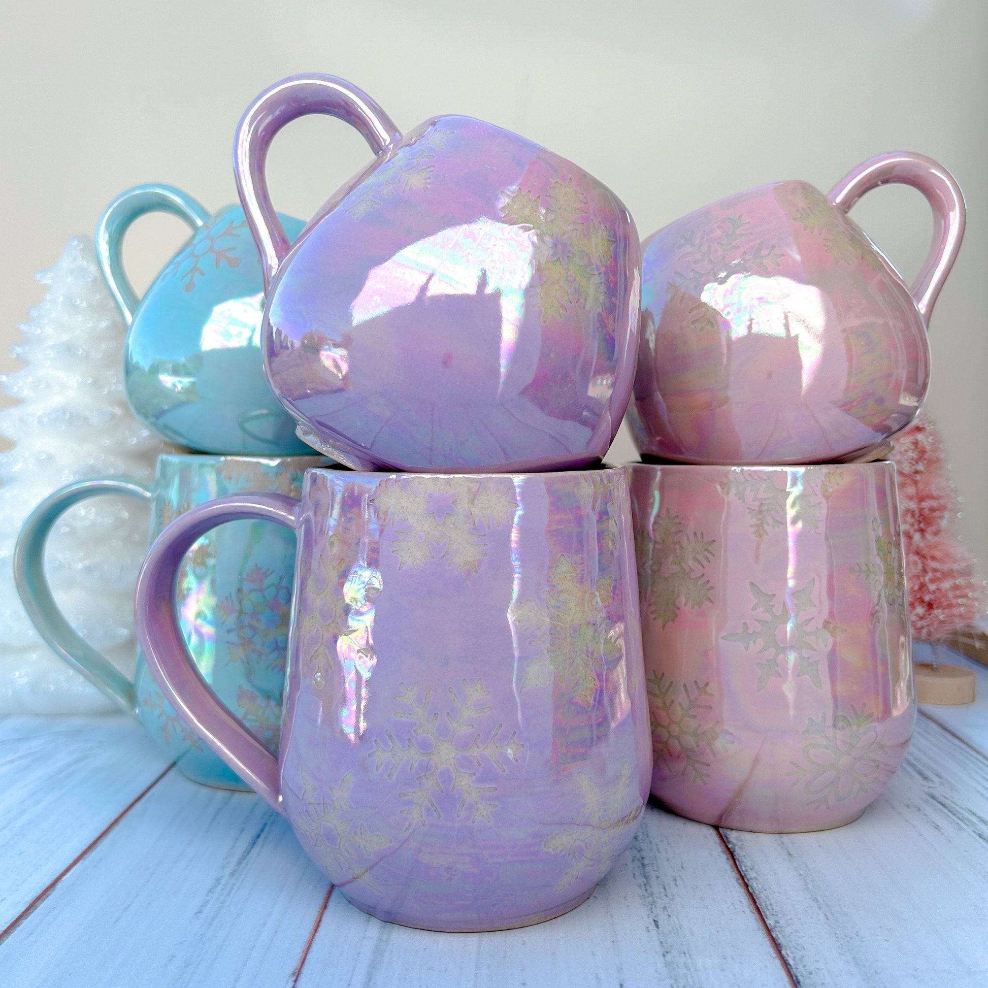 Pearly Blue Winter Coffee Mug, Snowflake Mug, Christmas Mug Ceramic Handmade, Stoneware Mug 12 Oz, Holiday Cup, Cozy Cabin Gift, Winter Gift