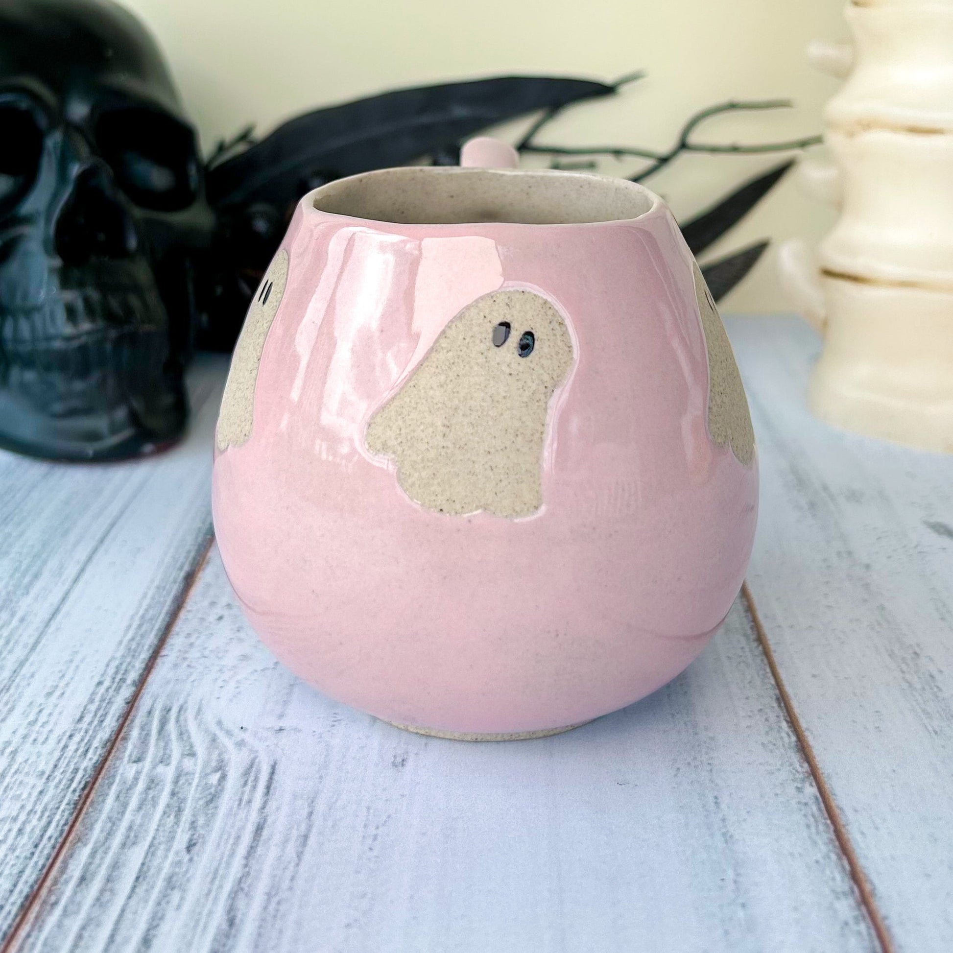 Pink Ghost Mug Ceramic, Autumn Gift For Her, Retro Fall Mug, Halloween Gift Teacher, Spooky Mug Handmade, Cute Autumn Mugs, Cozy Fall Gift