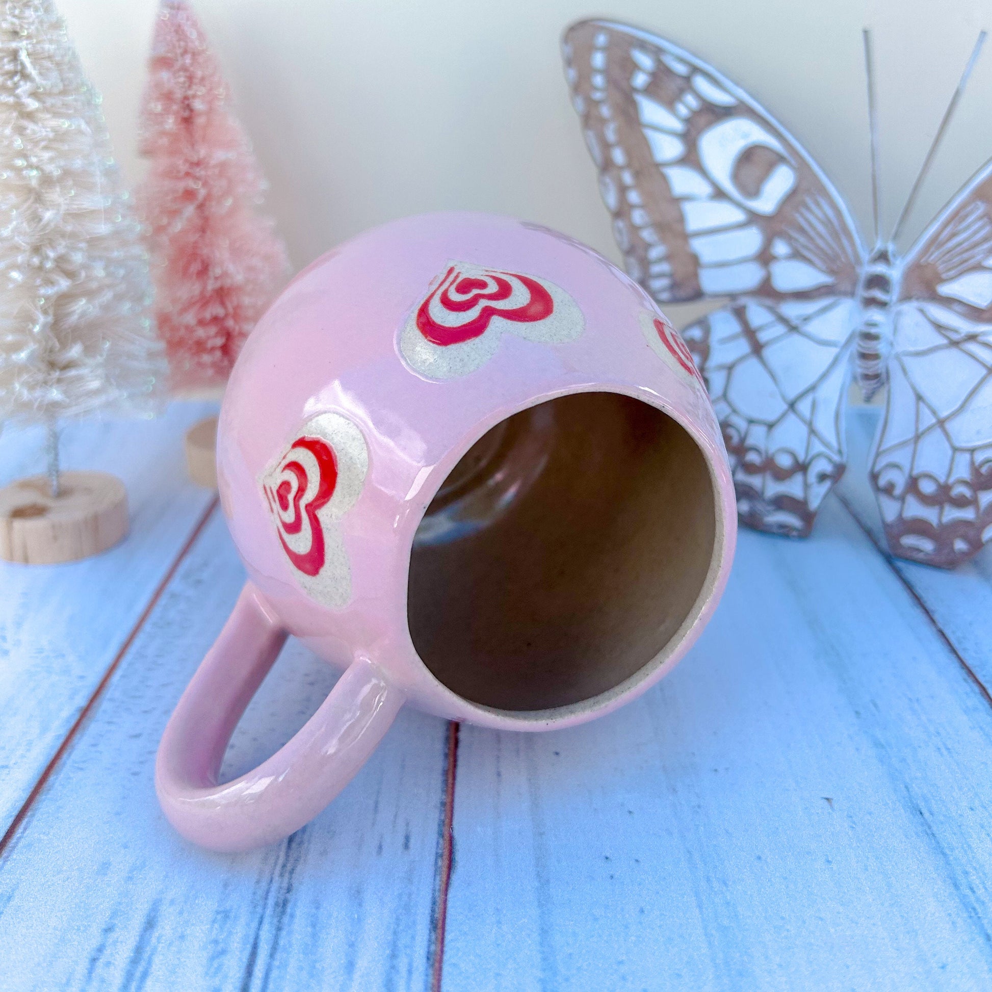 Pink and Red Mug Pottery, Heart Coffee Mug Ceramic, Groovy Gift Women, Heart Gift For Friend, Cute Mug Handmade, Retro Heart Cup